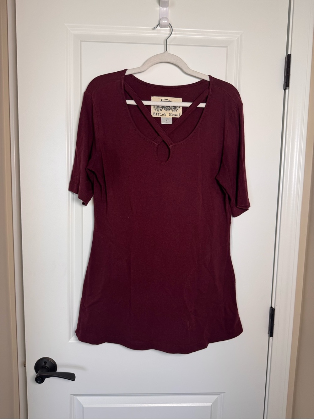 Effie's Heart Burgundy Short Sleeve Crisscross Neck Tunic with pockets